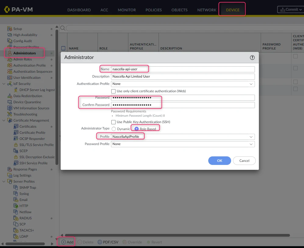 Administrator: Role Based with NascellaApiProfile selected