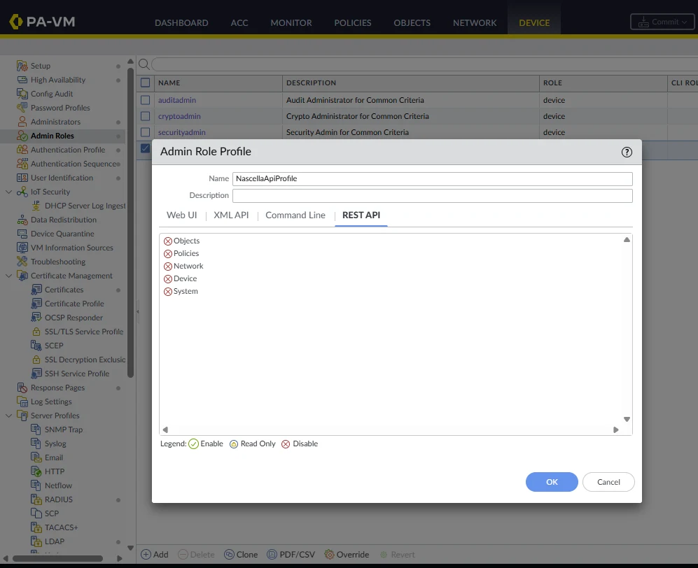 REST API tab: all items disabled