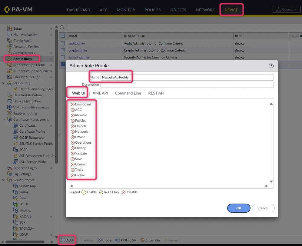 Web UI tab: all items disabled