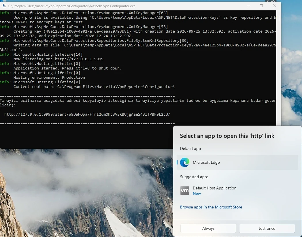 Configurator console window and browser selection