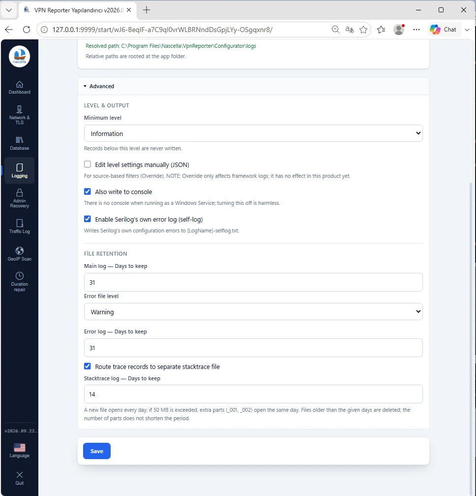 Logging: advanced settings