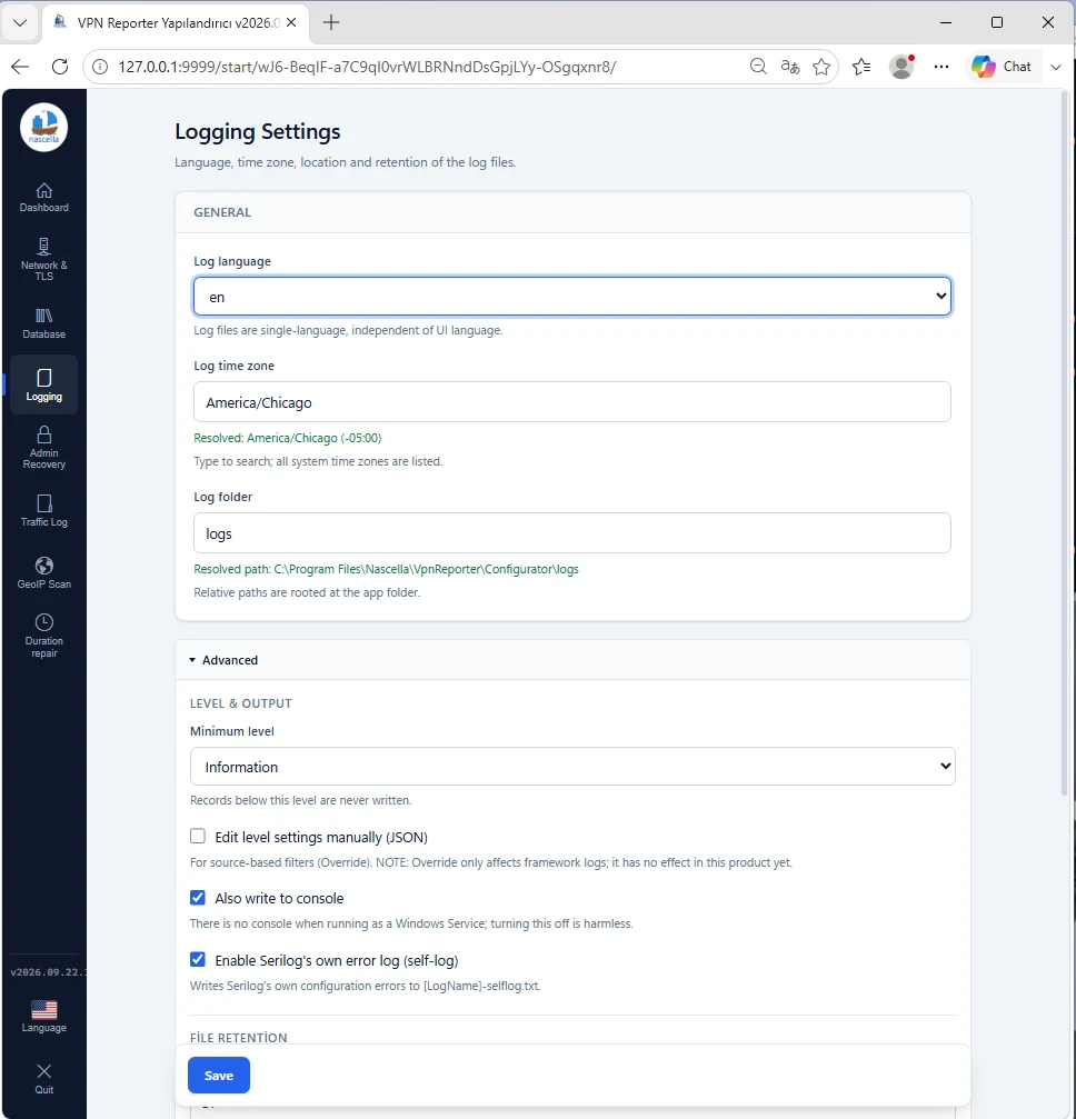 Logging: general settings