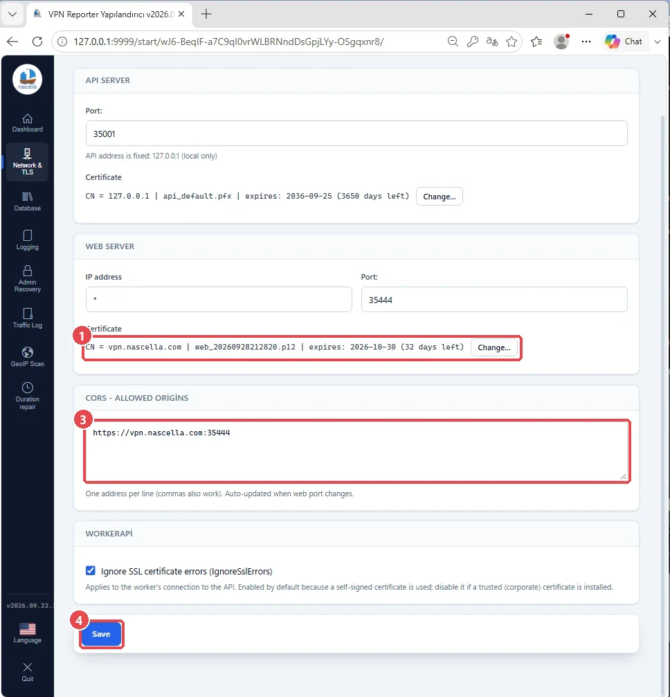 Network & TLS: new web certificate, days left and CORS address