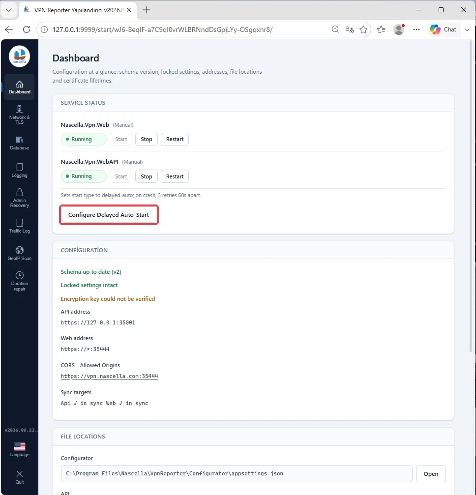 Dashboard: service status and delayed auto-start
