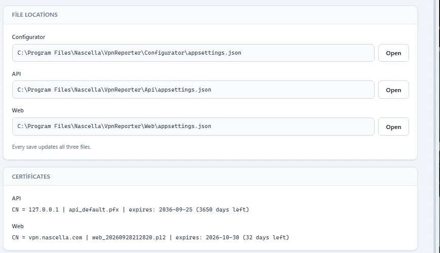 Dashboard: file locations and certificates
