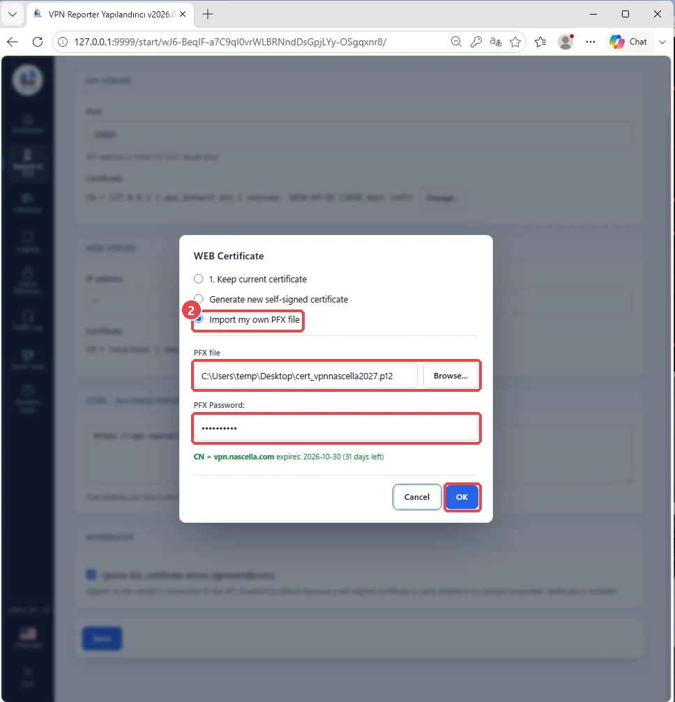 Web certificate: importing your own PFX file