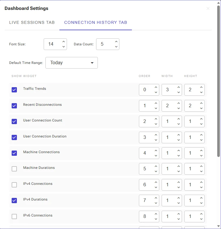 Dashboard Settings: Connection History tab