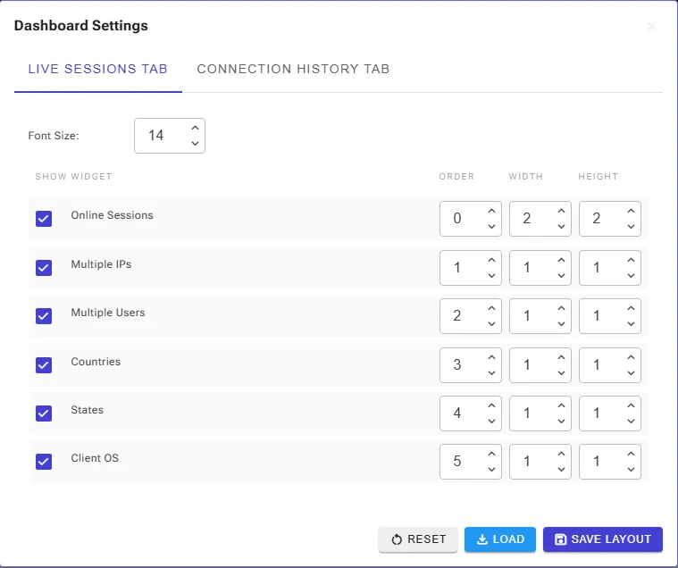 Dashboard Settings: Live Sessions tab