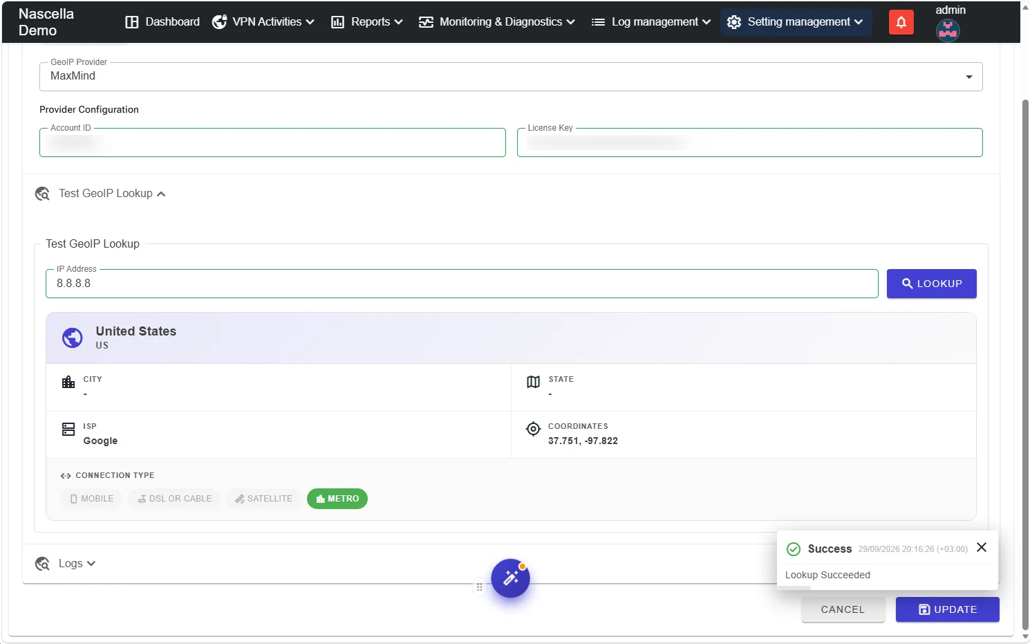 MaxMind configuration and a test lookup for 8.8.8.8