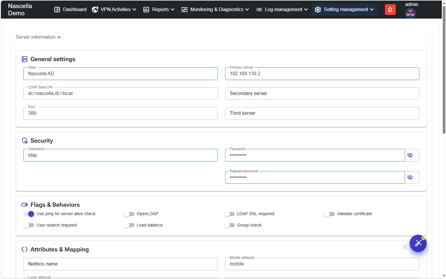 LDAP server: general settings, security, flags and attributes