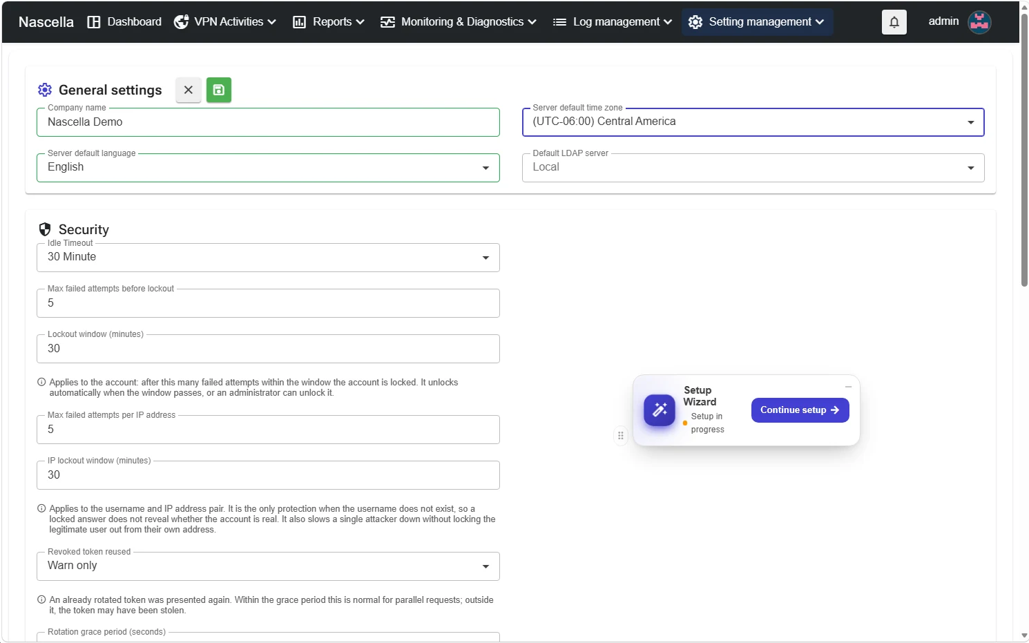General settings and security
