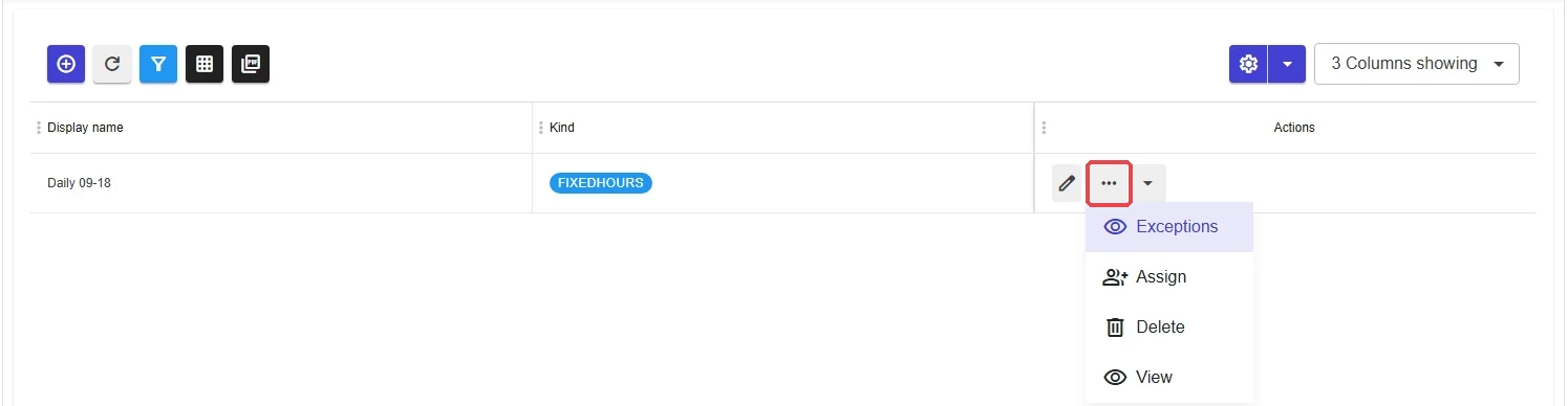 Shift actions menu