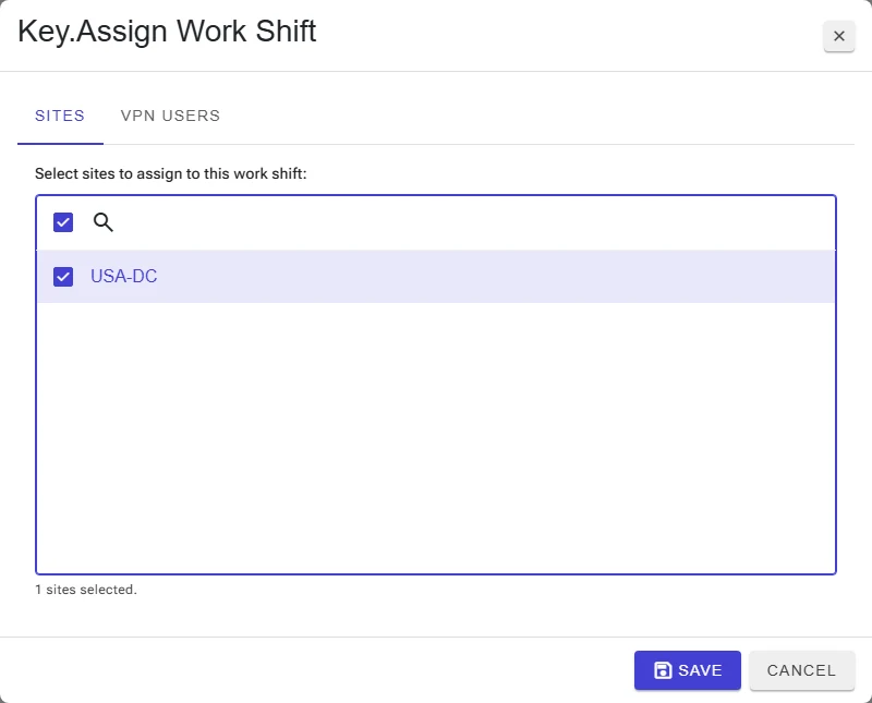 Assign work shift: Sites and VPN Users tabs