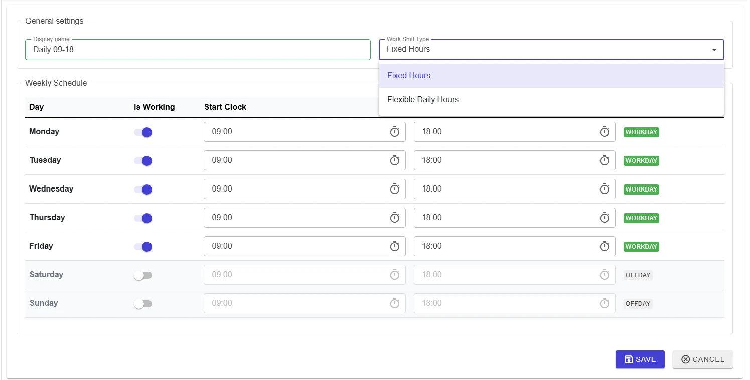 Creating a shift: Fixed Hours, weekdays 09:00–18:00