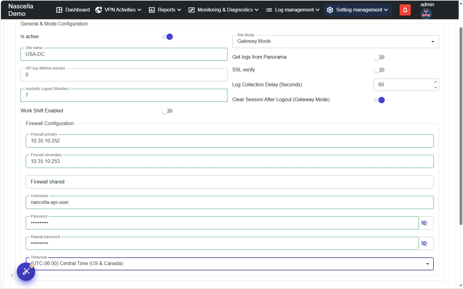 Adding a site: general and mode configuration, firewall configuration