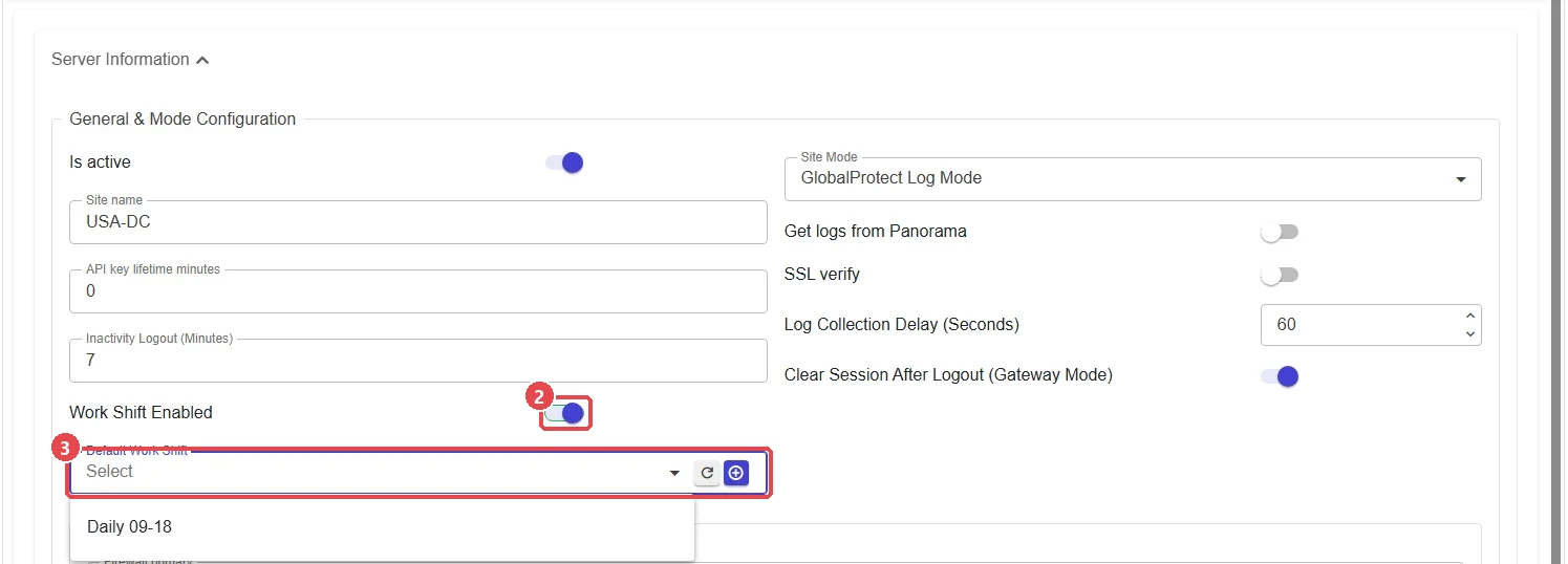 Site settings: Work Shift Enabled and Default Work Shift