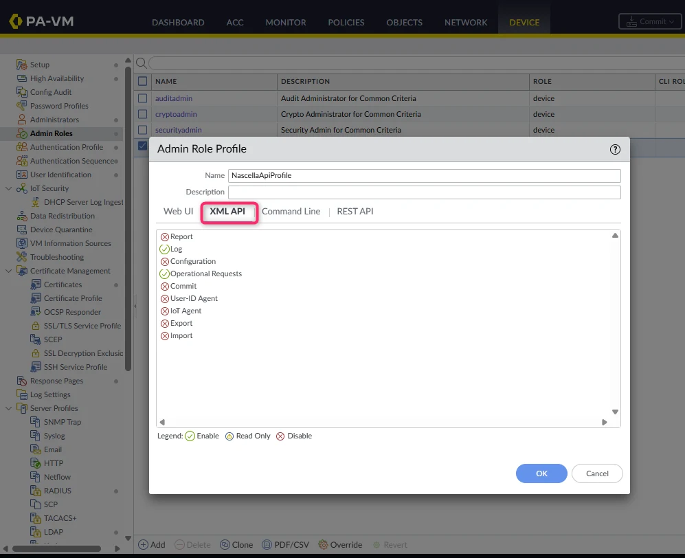 XML API sekmesi: Log ve Operational Requests açık