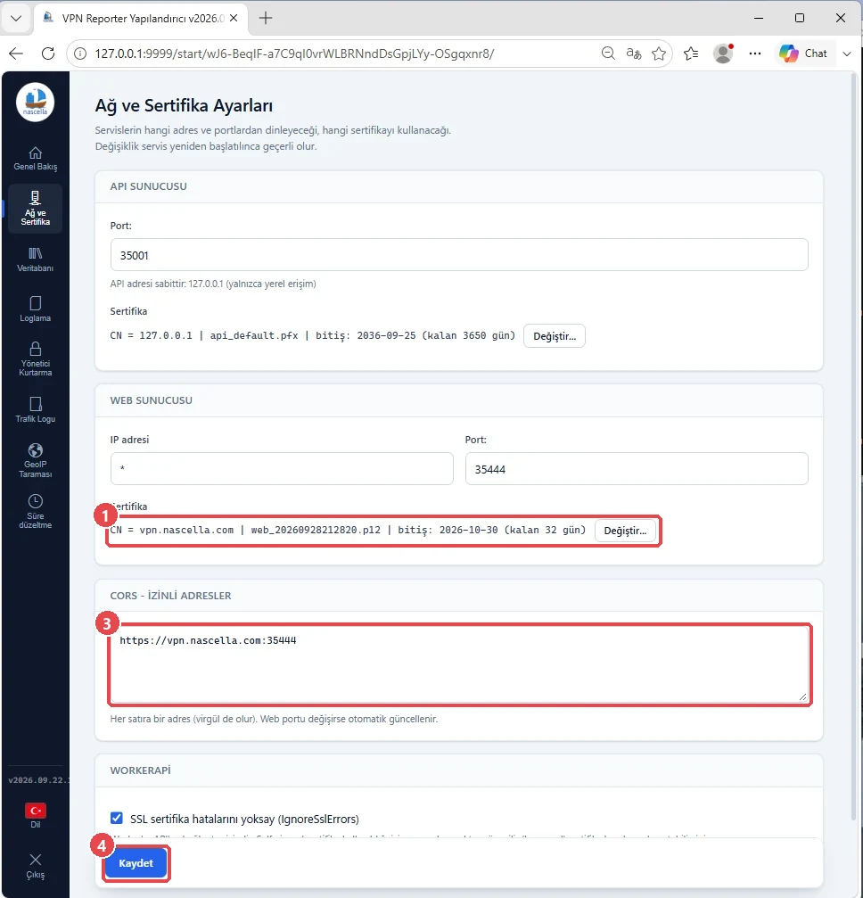 Ağ ve Sertifika: yeni web sertifikası, kalan gün ve CORS adresi