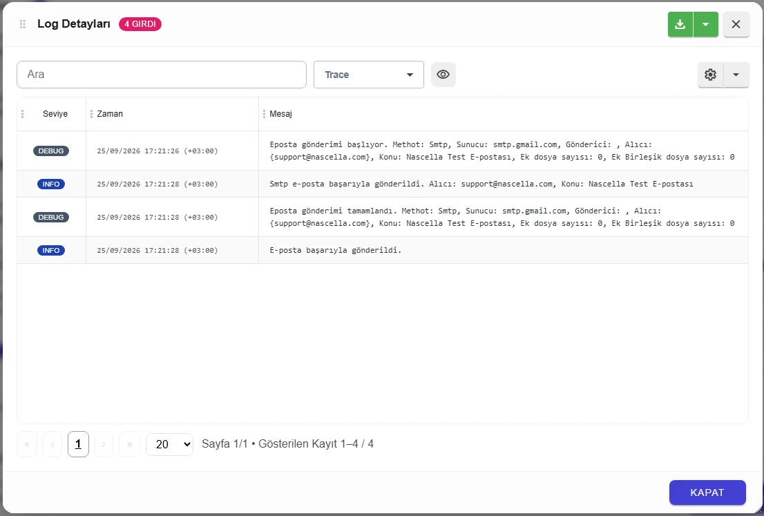 Log Detayları penceresi