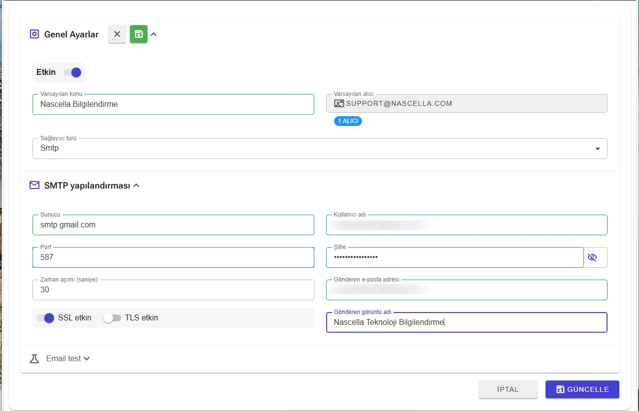 SMTP yapılandırması örneği