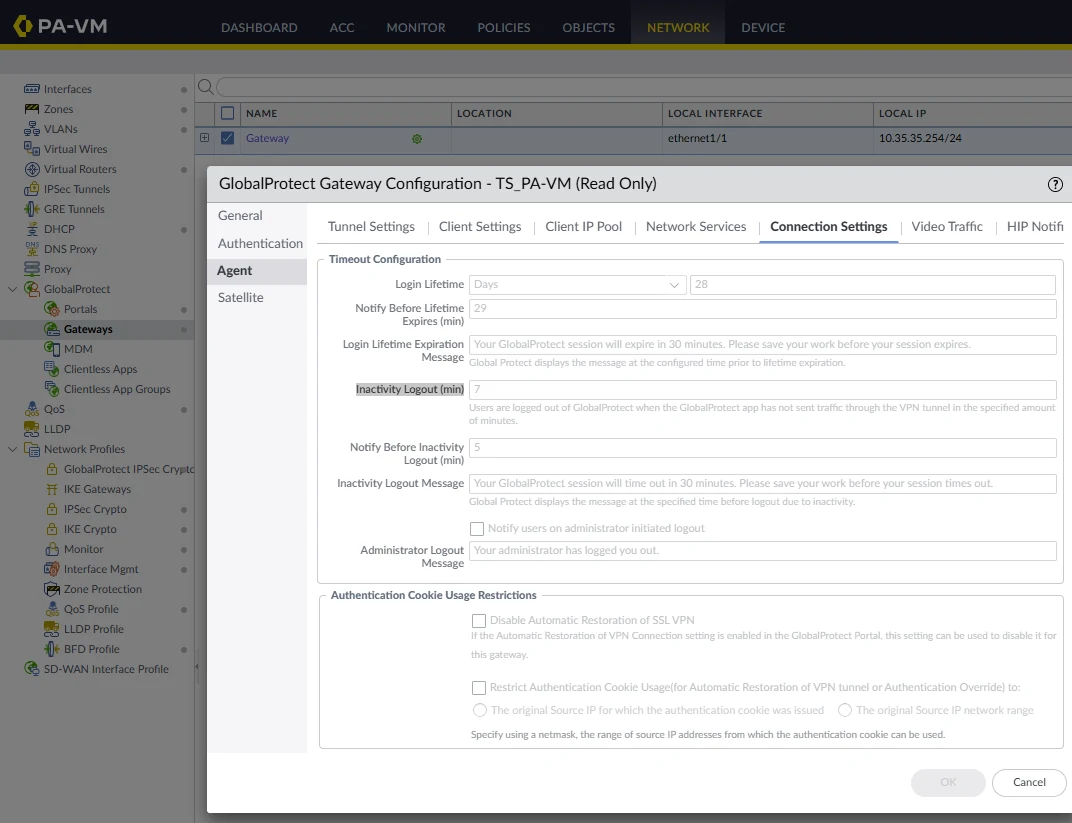 GlobalProtect Gateway: Agent → Connection Settings → Inactivity Logout
