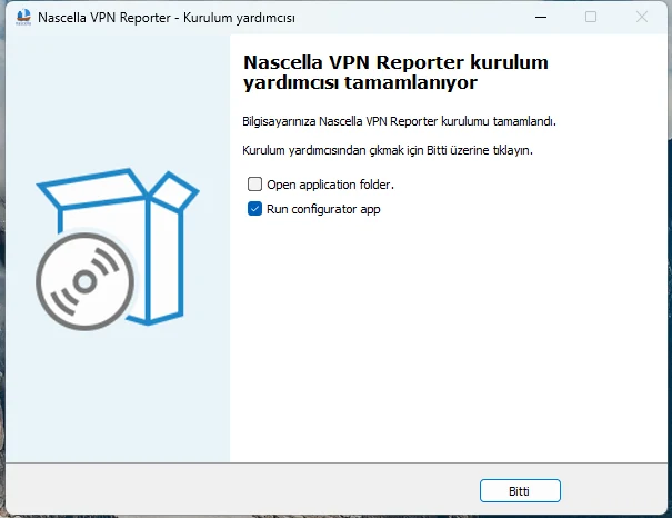 Run configurator app seçili kurulum tamamlandı ekranı