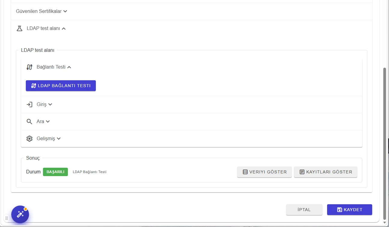 LDAP bağlantı testi başarılı