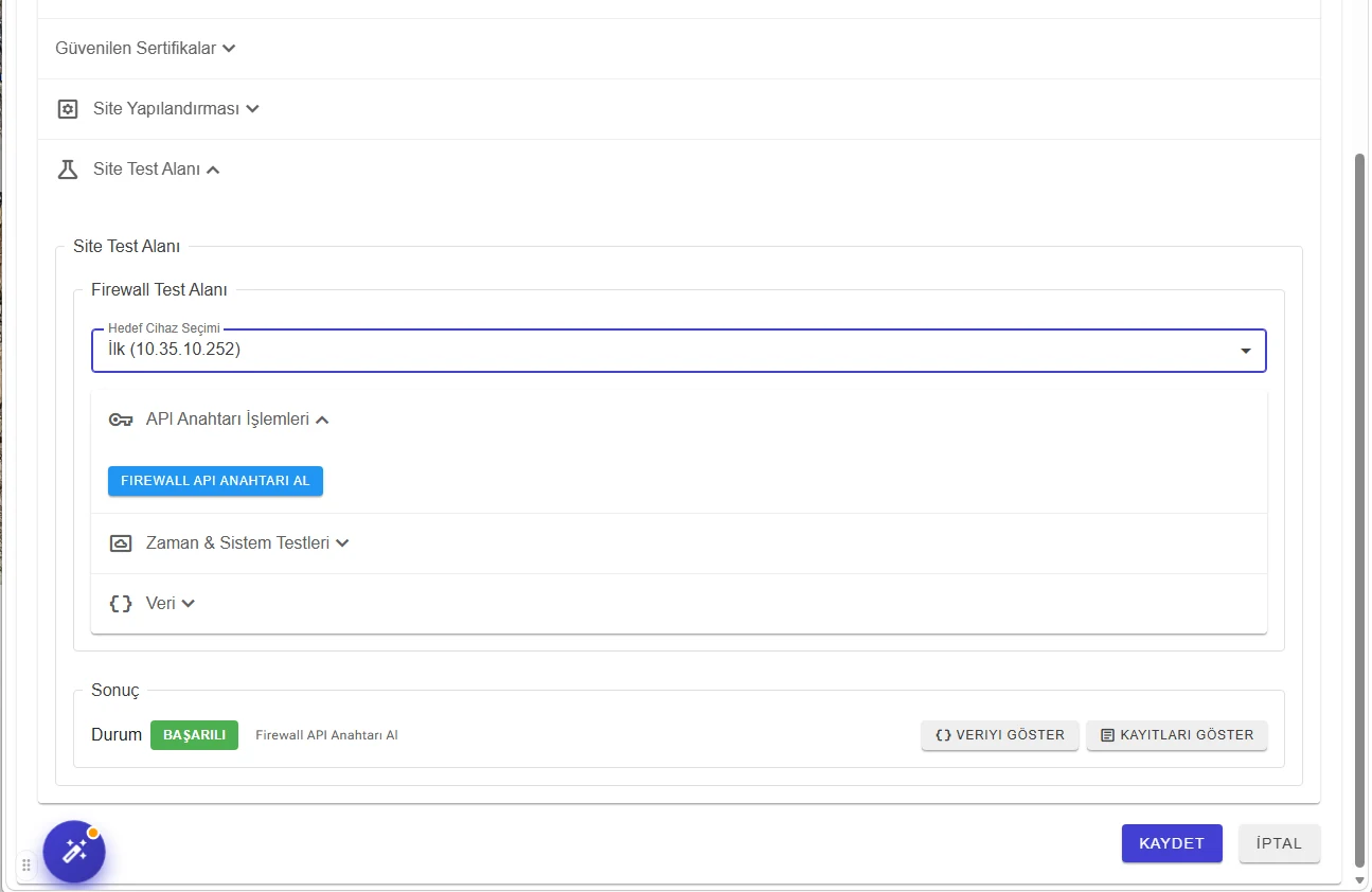 Site Test Alanı: API anahtarı alma başarılı