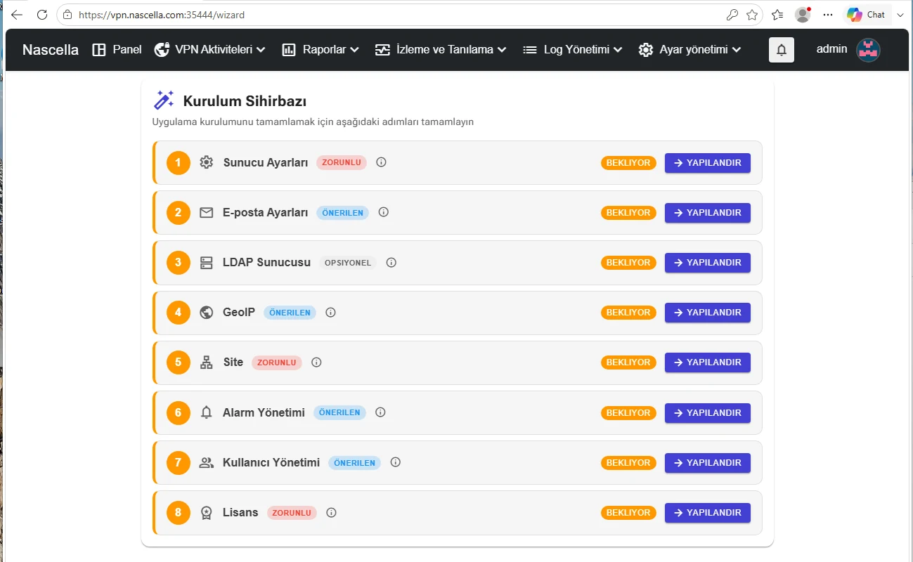 Kurulum Sihirbazı adımları